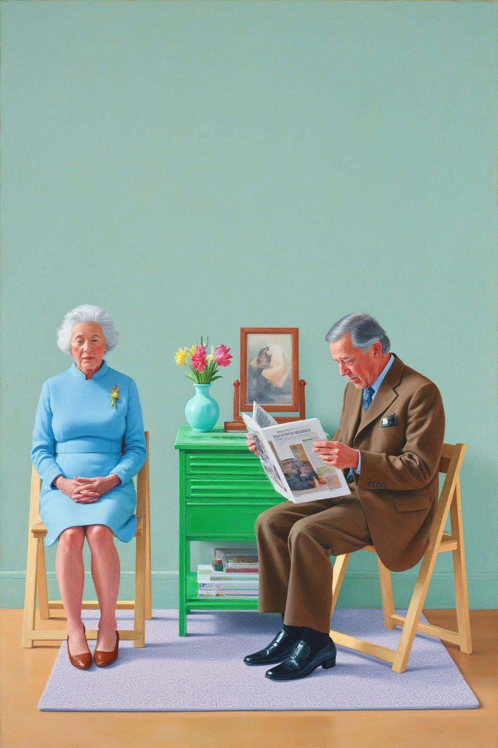 daho1 painting.two elderly individuals sitting on wooden chairs in front of a plain,  muted teal wall. The woman on the le...
