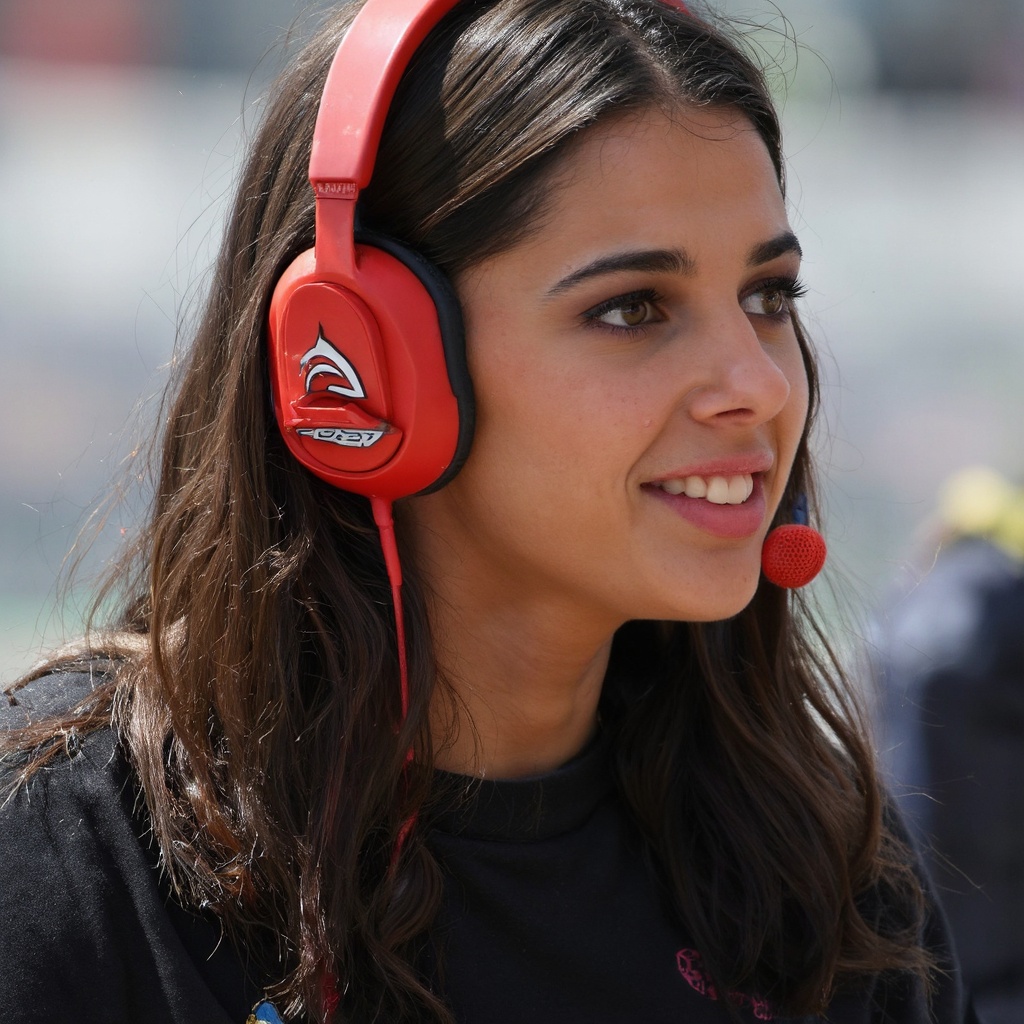 A close-up shot of naomi_scott wearing a pair of red headphones with a microphone attached. The headphones have a logo and...