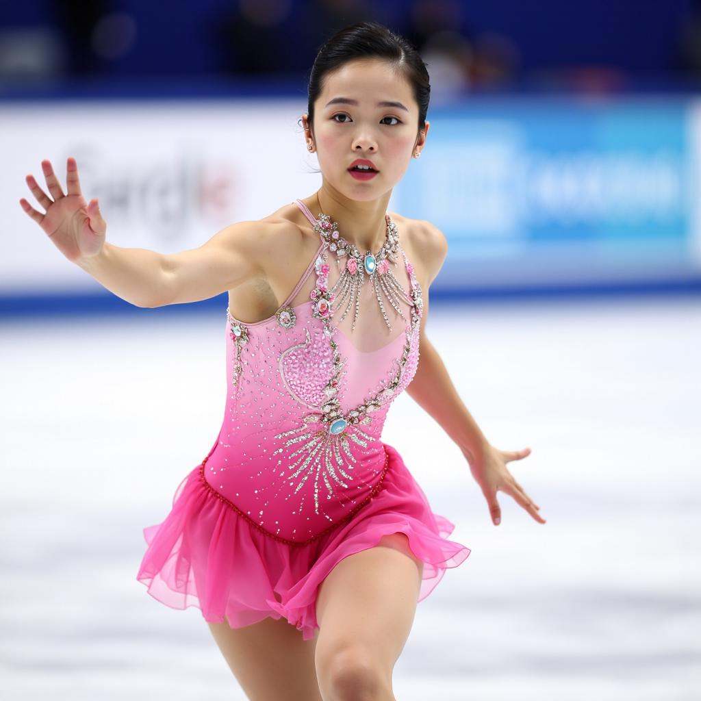 This is a high-resolution close-up capturing an elite figure skater in mid-movement during a performance. The skater is a...