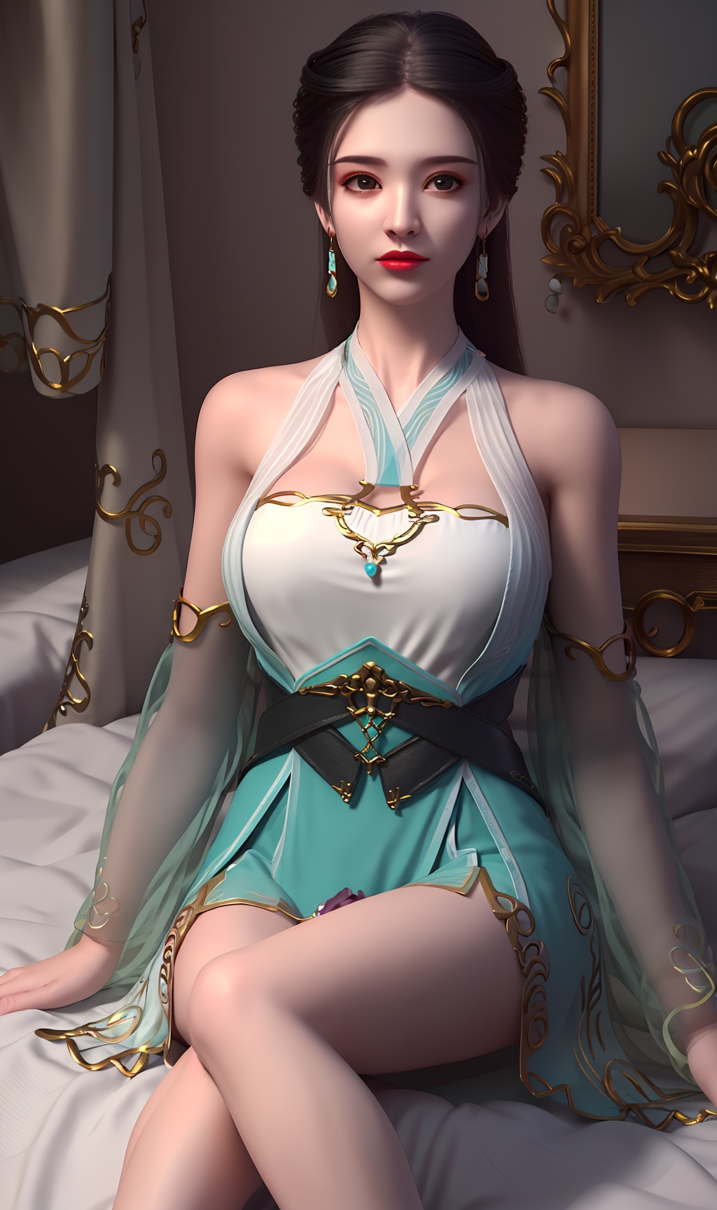 3D,masterpiece,(best quality),(makeup),official art, extremely detailed cg 8k wallpaper,((crystalstexture skin)), (extremely delicate and beautiful),(highly detailed),(face),(gold_trim),(collar),(hand)(1girl), (solo), (jewelry), (earrings),(black_hair),(long_hair),(hair_ornament),(handwear),(breasts),((sitting)),((upper_body)),(bare_shoulders),(closed_mouth),(off-shoulder_dress),(short_skirt),(multicolored_clothes),(multicolored_dress),(shiny_clothes),(city,indoor,bed),,((looking_at_viewer)),((Facing the camera)),((long_legs)),, <lora:hipoly3DModelLora_v10:0.3>