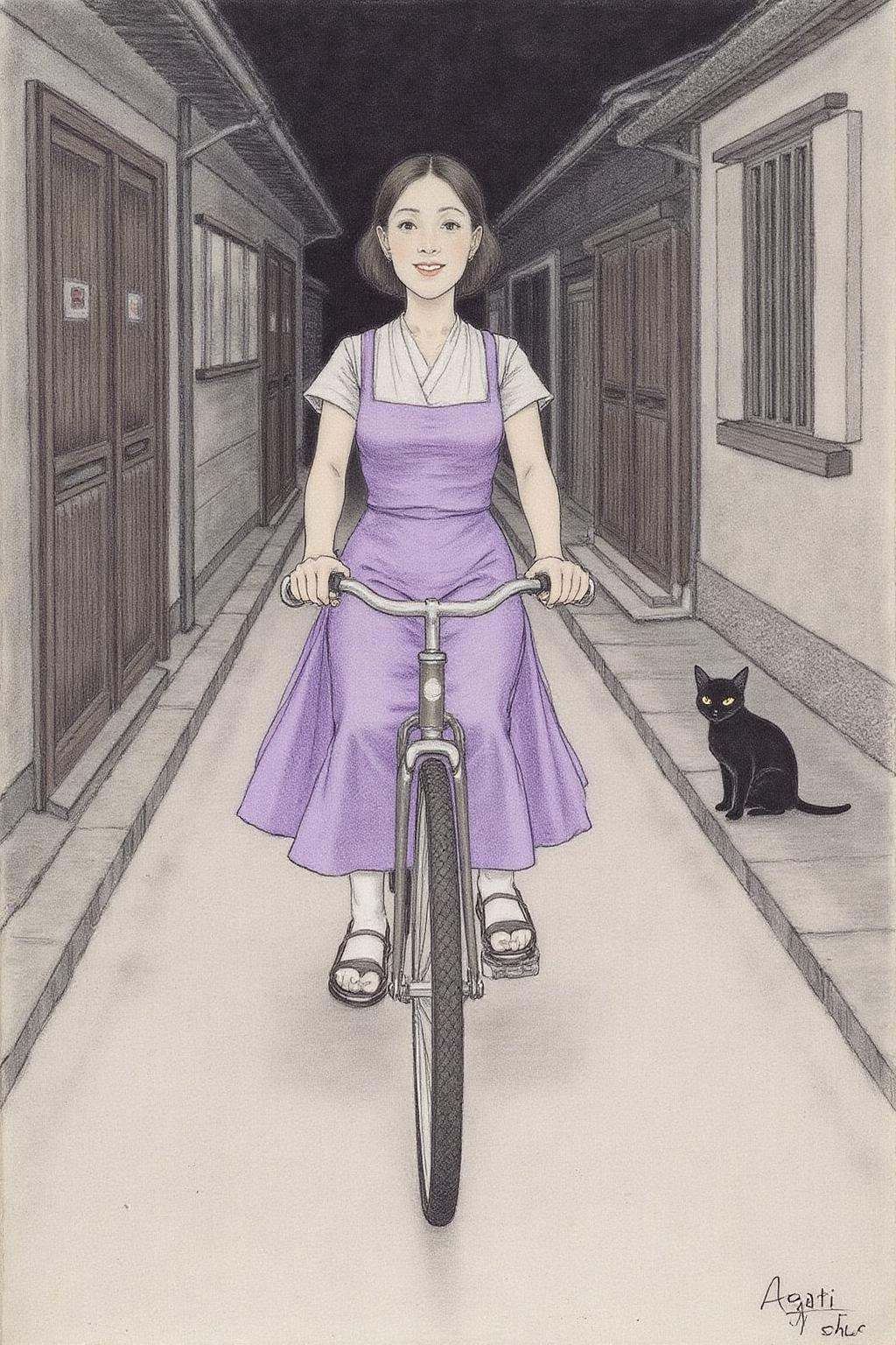 hansho1 monochromatic pencil drawing,  A Japanese school girl riding a old style bicycle through a narrow,  quiet street a...