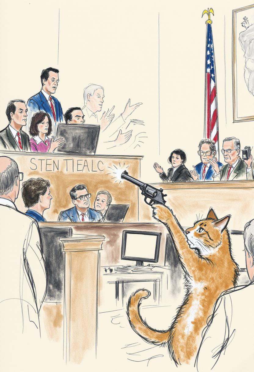This is a detailed,  hand-drawn courtroom scene in a sketchy,  watercolor style depicting a cat aiming a pistol at the jur...