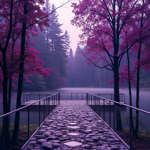 and deep purples dominating the scene.,  towering trees. The trees,  each one varying in size and texture. The pebbles are...