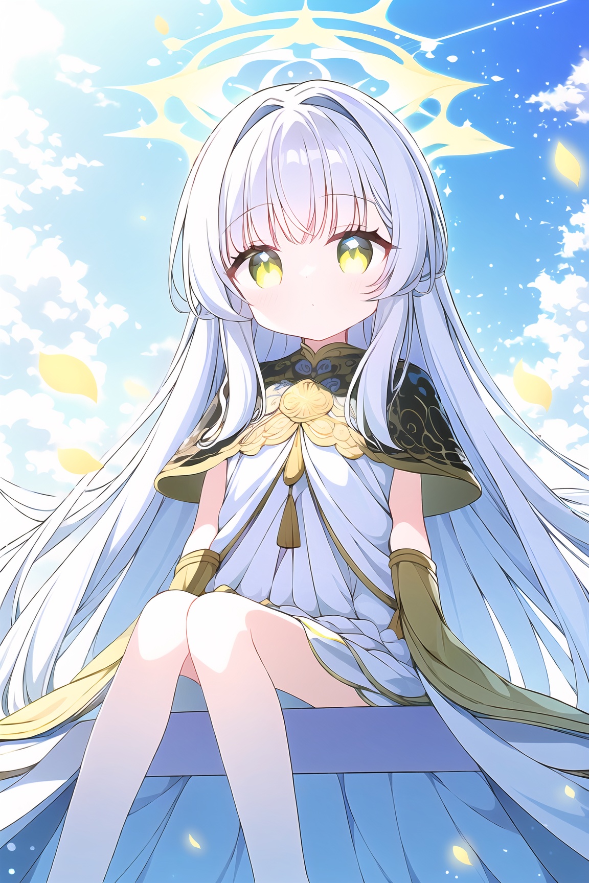 A captivating,  dreamlike anime girl sitting in a fantastical heavenly landscape filled with radiant shades of pure white,...