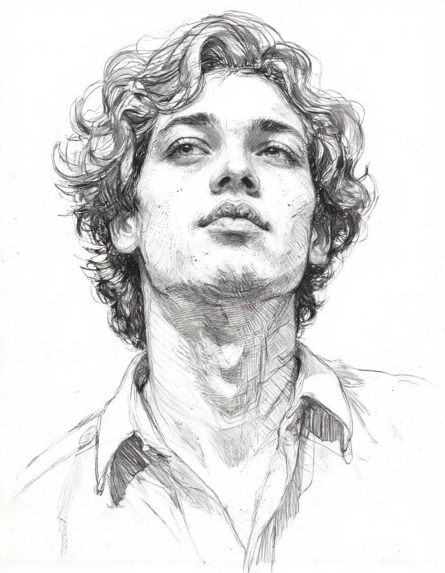 This is a highly detailed pencil drawing of a young man with a contemplative expression. The artwork is rendered in a real...