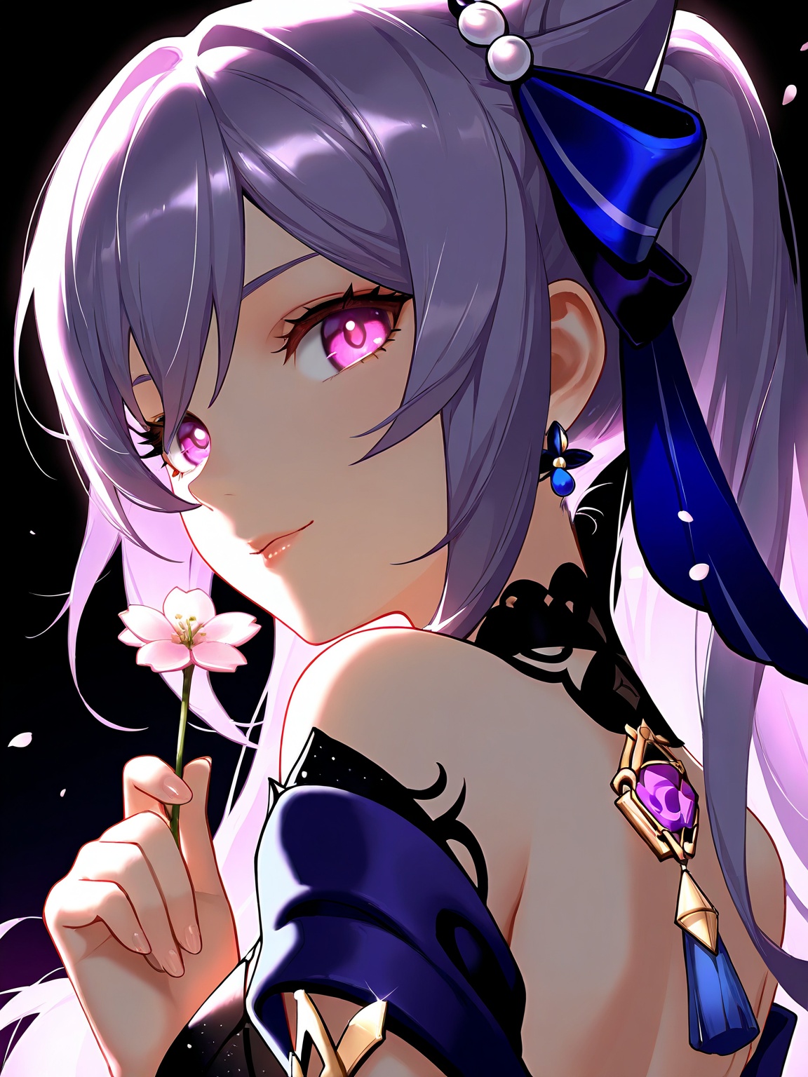 1girl, Keqing Genshin Impact, Opulent Splendor, glowing eyes, lips, thin lips, solo, looking at viewer, charming smile, holding flower, chupa chups, upper body, from below, back lighting, dark, multicolored background, masterpiece, cherry blossom, best quality, very aesthetic