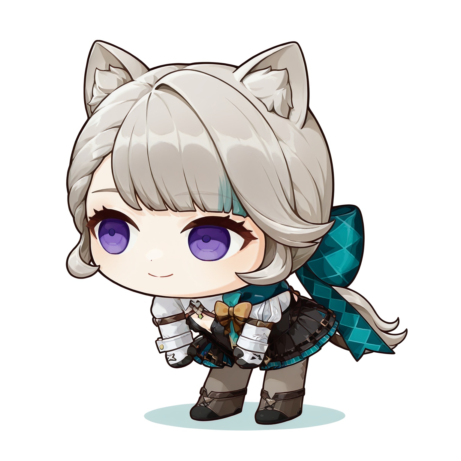 <lora:Brain Rot v0.9_noob:1.2>,solo,smile,1girl,full body,closed mouth,standing,leaning forward,white_background,looking_away,Lynette \(genshin impact\),chibi,
