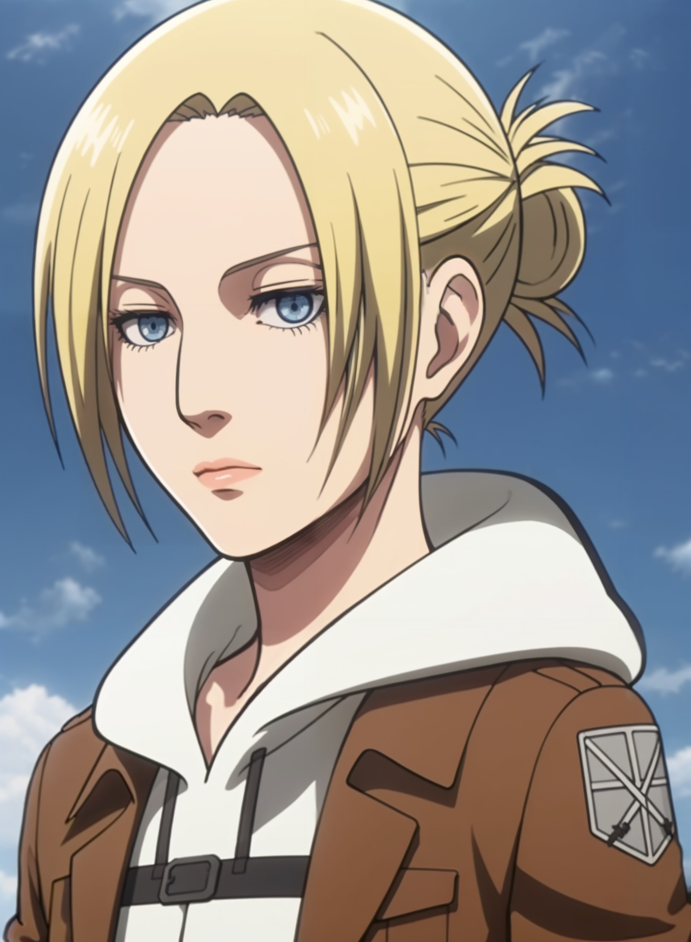 golden hour,highly detailed,ultra-high resolution,32K UHD,sharp focus,best-quality,masterpiece,Emotionalization,with a high-end texture,incredibly absurdres,Cinematic Lighting,<lora:阿尼(10):0.6>,annie leonhart,solo,1girl,blonde hair,emblem,paradis military uniform,blue eyes,hood,jacket,uniform,sky,training corps \(emblem\),short hair,hoodie,upper body,day,military,looking at viewer,military uniform,cloud,blue sky,