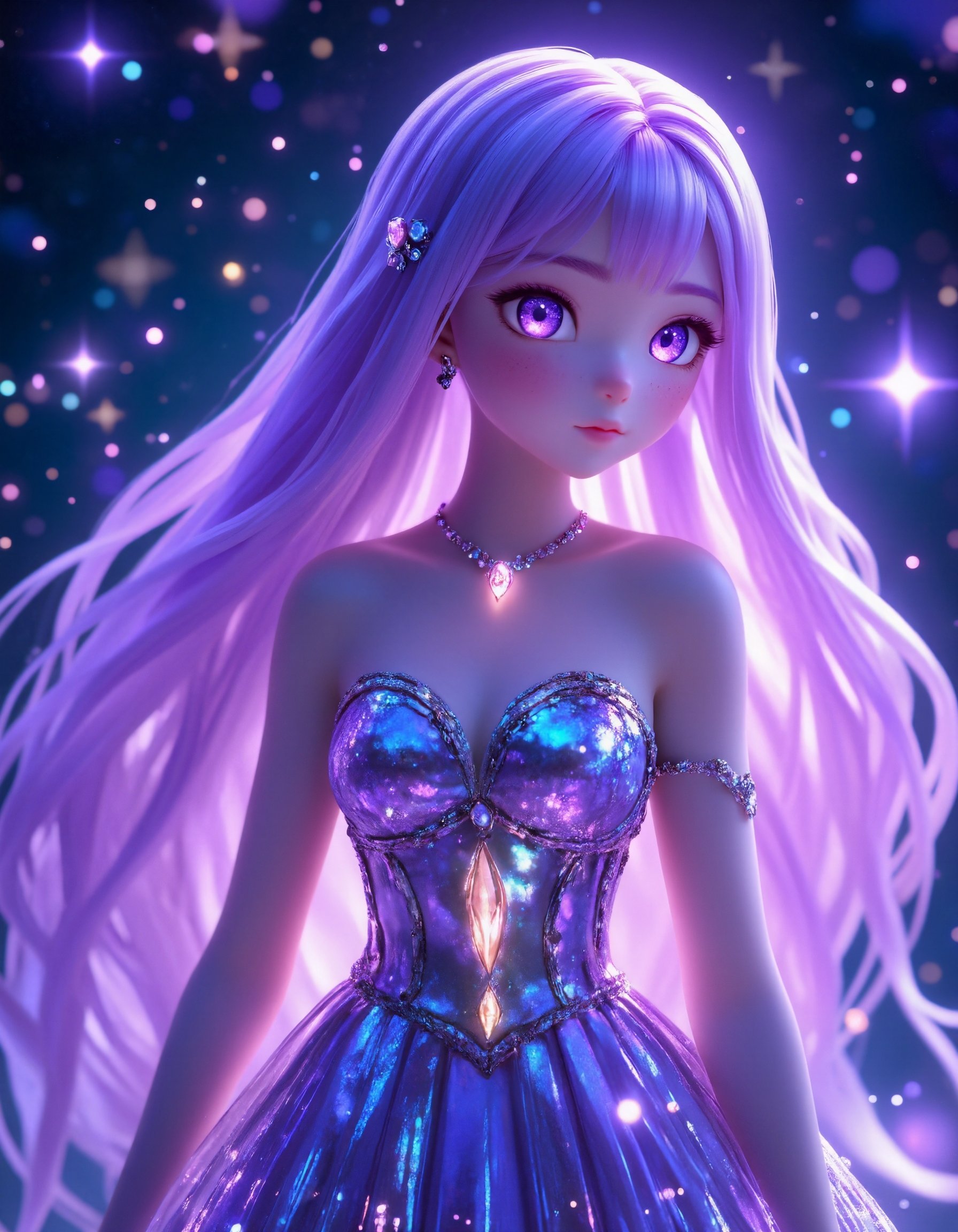 3D anime style,  a breathtaking celestial fairy with flowing iridescent hair that shines in soft pastel hues of purple and...