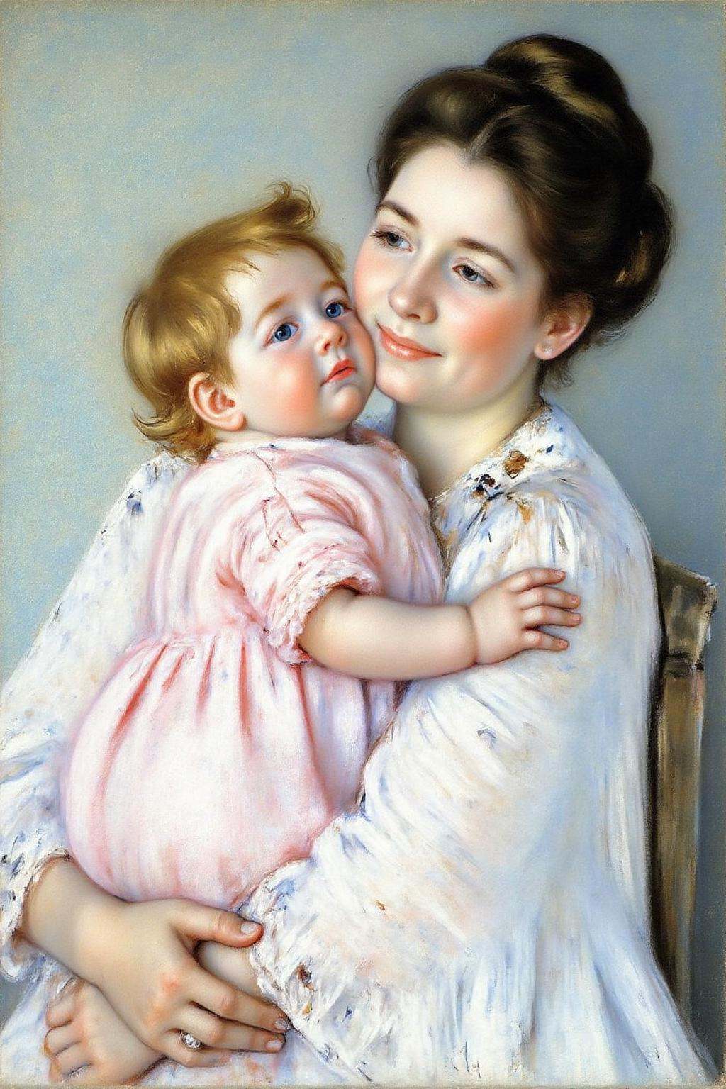 marycassatt1 painting.A tender scene of a mother and baby. The woman,  with her dark hair styled in an elegant updo,  gent...