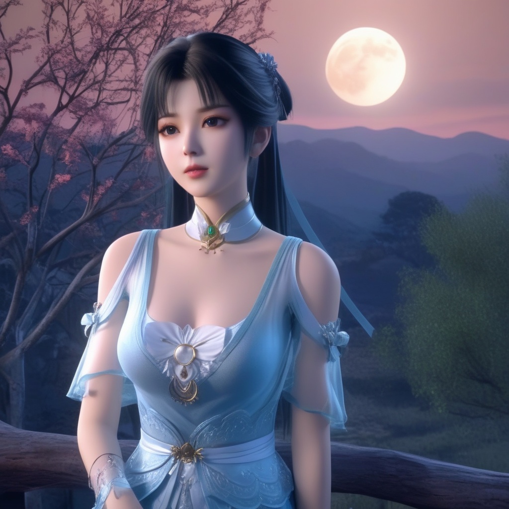 <lora:834-DA-XL-诛仙-碧瑶:0.8>, (,1girl, ,best quality, ),,  ,ultra realistic 8k cg, ,masterpiece, (( , )),, ,fiction,mole,,      ,(cleavage),,  (),  ,see-through, lace, (((, solo, moon, , bare_tree, )))(cleavage),,