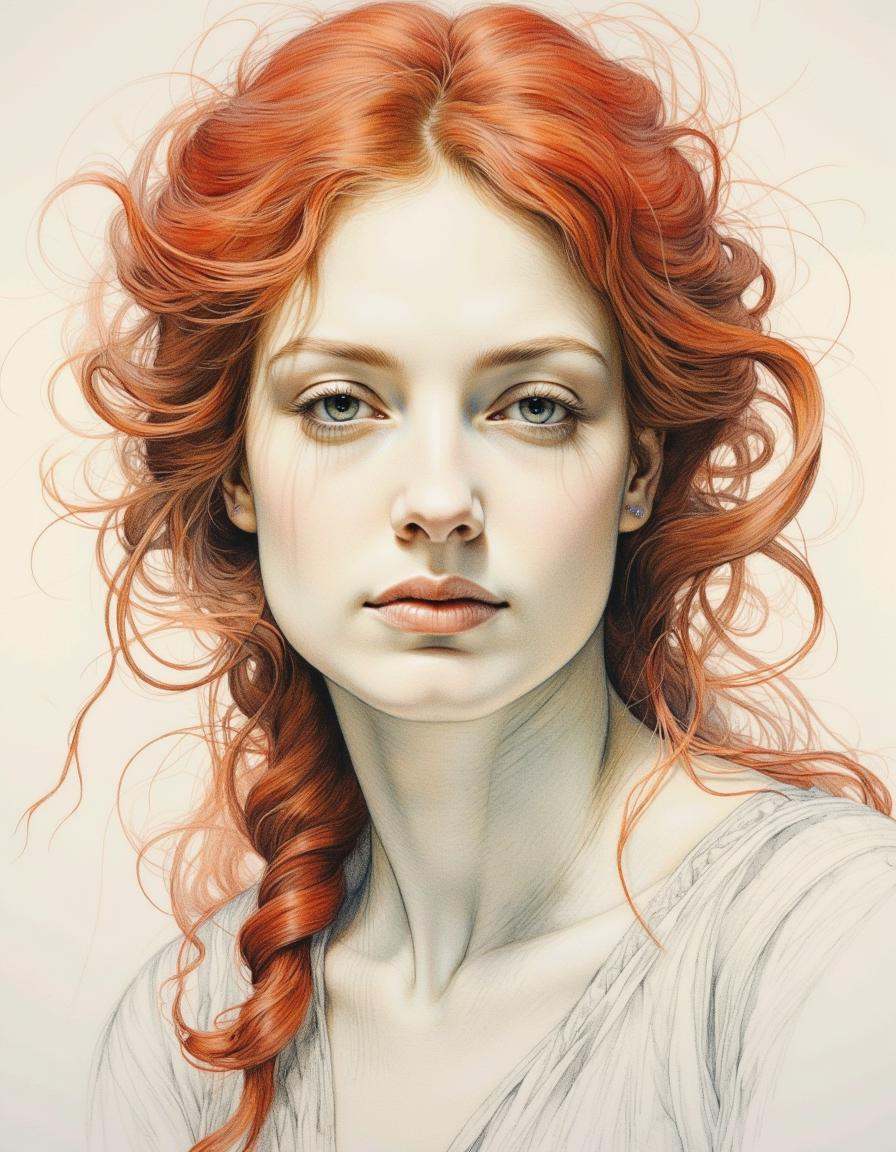 Portrait by Dorota Pietrowiak. The image is a highly detailed,  realistic pencil drawing of a young woman with a striking...