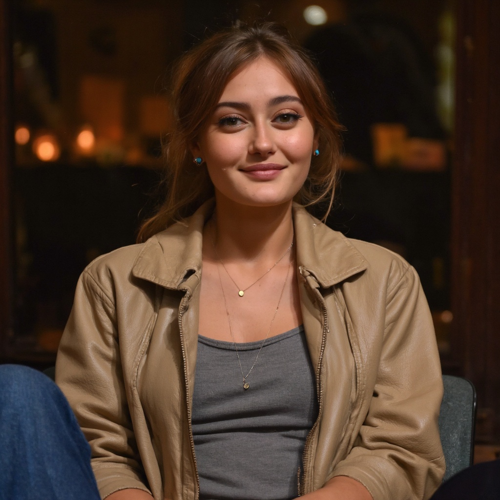A portrait of ella_purnell seated in a dimly lit indoor setting. She wears a beige leather jacket over a gray top and a ne...