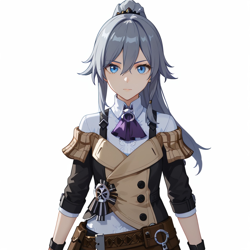 (white background:1.2),looking at viewer,(SOLO:1.4),outline,simple background,upper body, cowboy shot,looking at viewer,(((arms at side))),  fu hua, fu hua cgver, long hair, bangs, blue eyes, hair between eyes, ponytail, grey hair, blue hair, hair ornament<lora:wudu-cg-pony:0.8>