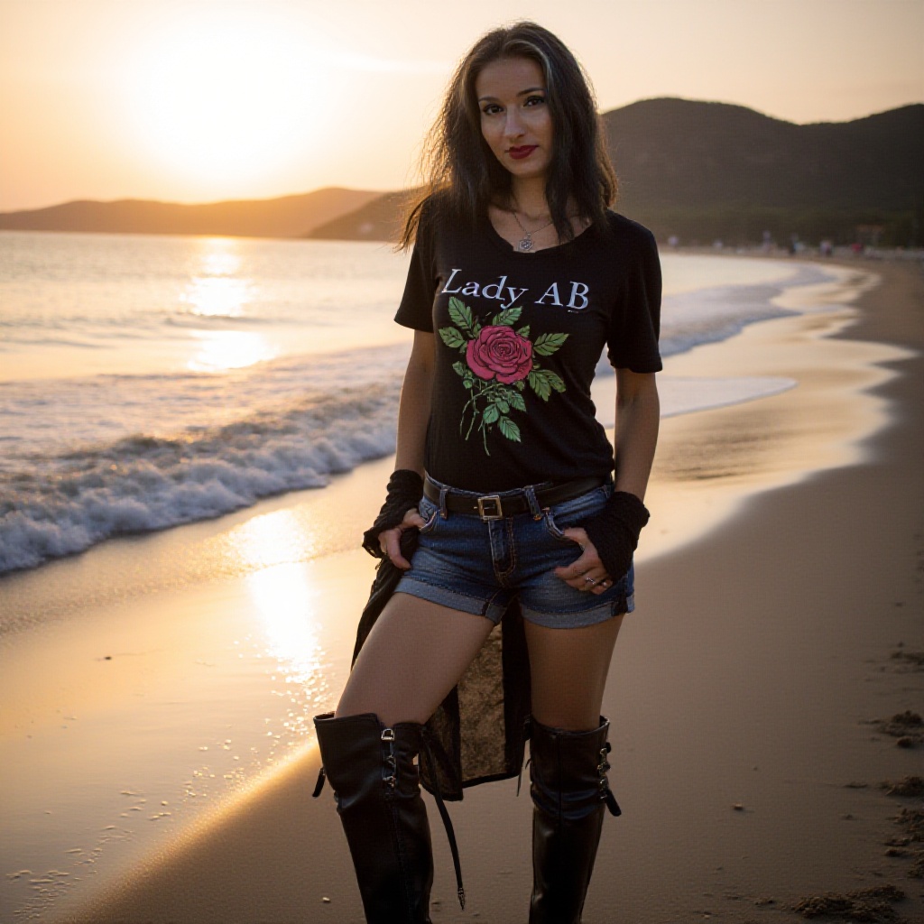 ladya cinematic,  golden hour lighting dark gothic young woman,  wearing a beautiful black tee that says Lady AB with a ro...