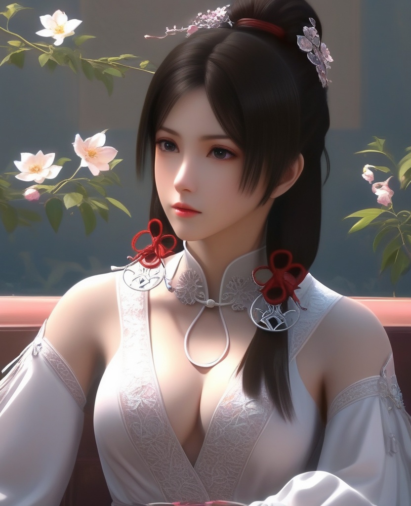 <lora:843-DA-XL-元龙-宋嫣:0.8>, (,1girl, ,best quality, ),,,anime,(masterpiece, top quality, best quality, official art, beautiful and aesthetic:1.2), (1girl)	, , (cleavage),, extreme detailed,(fractal art:1.3),colorful, flowers ,highest detailed,(by Jeremy Lipking)    (cleavage),,  (), (sit),