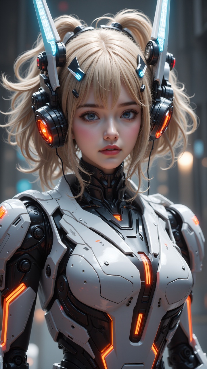 (masterpiece, best quality:1.2),1girl,blue eyes,glowing,looking at the audience,multi light source earphones,huge mechanical earphones,V-shaped crown,airplane crown,full body white mecha,complex structure white mecha,red glowing vertical bar between chest,complex neck protection,shoulder arm mecha,multi light source mecha,robotic arm,realistic,blonde hair,science fiction,single person,upper body,above abdomen,front,realistic materials,indoor,