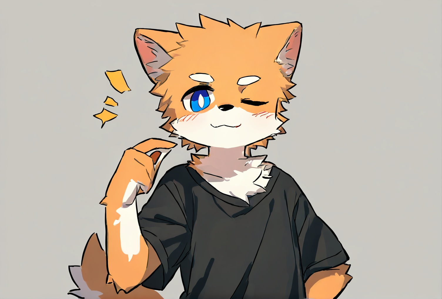 [[nploser,nekowuwu]],solo,shota,furry,kemono,dog_boy BREAK [red_inner_ear],[orange_fur,blue_eyes],white_hikimayu BREAK portrait,one eye closed,(masterpiece, best quality:1.1),body fur,anthro,t-shirt,<lora:雨:0.8>,