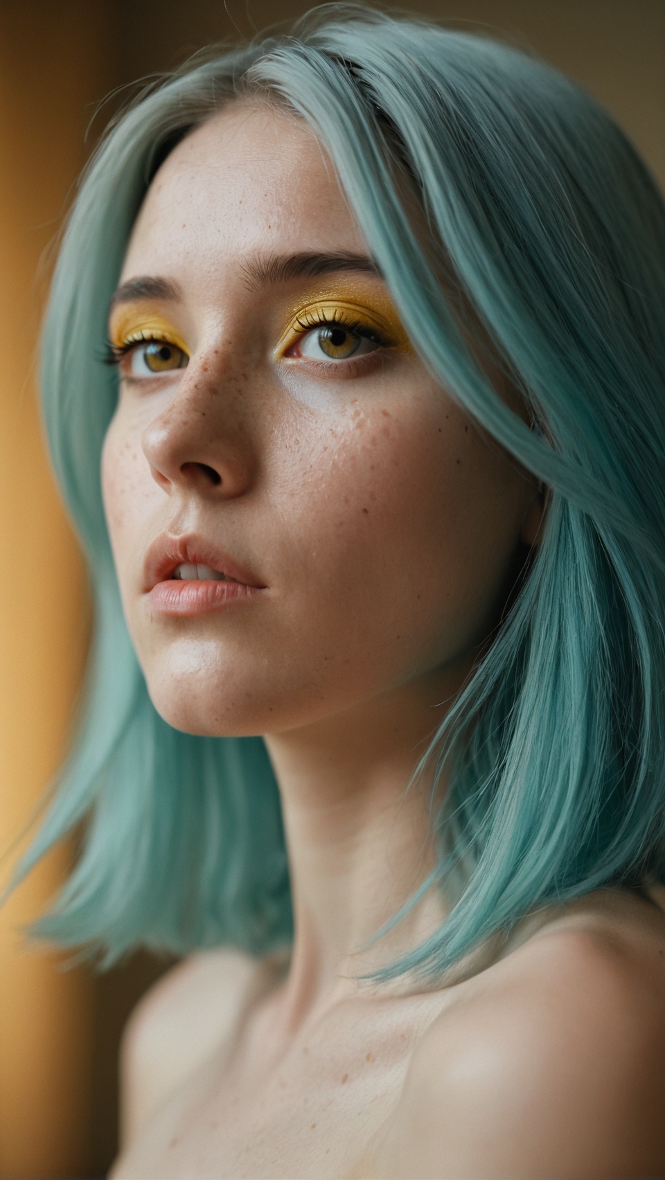 introspective young woman with shoulder-length cyan hair,  gazing softly to the side,  positioned using rule of thirds for...