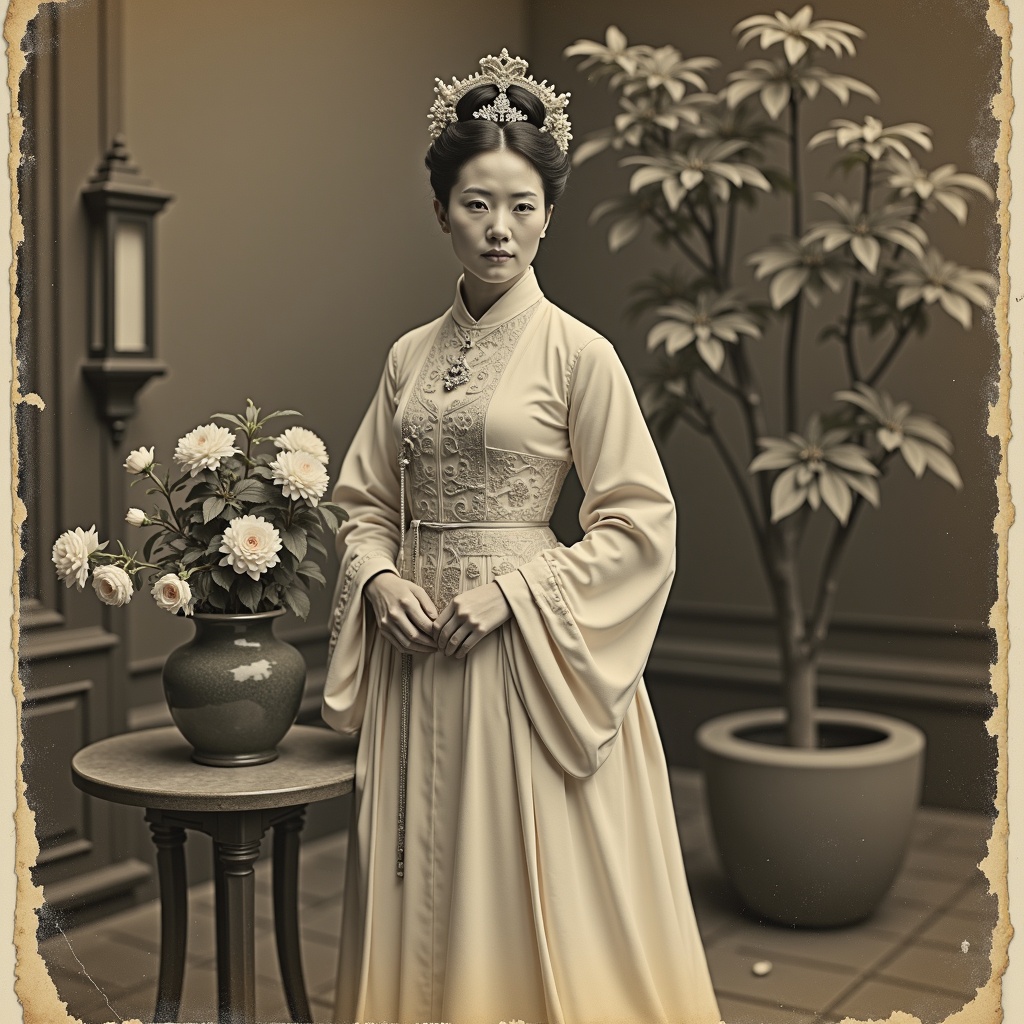 arafed woman in a dress standing next to a potted plant,Li Mei-shu,silver gelatine realistic,Song Maojin,collodion photograph,palace,a girl in hanfu,Yun Shouping,portrait of a young empress,Yao Tingmei,Jiao Bingzhen,Leng Mei,Xu **,Yang Weizhen,realistic old photograph,chengyou liu,Yu Zhiding,tintype photograph,mei-ling zhou,Qiu Ying,Liu Jue,portrait of christy ren,a young asian woman,Zhou *****,matte painting portrait shot,Hua Yan,Min Zhen,Zhu Derun,1930s film,young asian woman,Sheng Maoye,elegant japanese woman,tintype photography,Zhou ****,