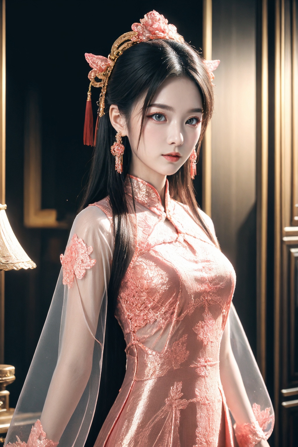 girl,upper body,long hair,reality,looking at viewer,earrings,hair ornament,see-through pink china dress,chinese style,
