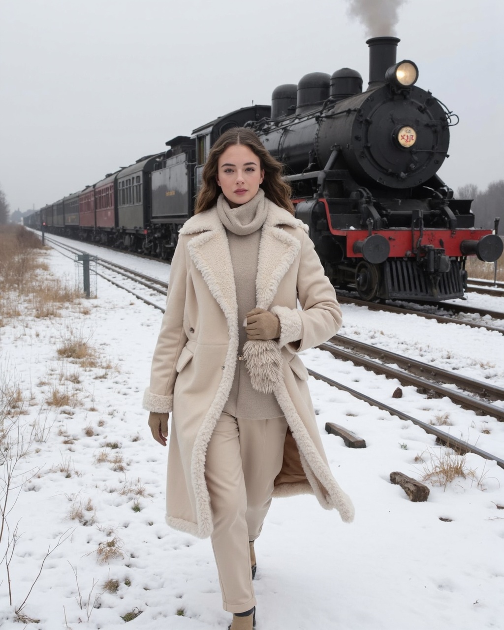 deva_cassel walking along a snowy train track in winter. deva_cassel,  with long,  wavy brown hair on Tensor.Art