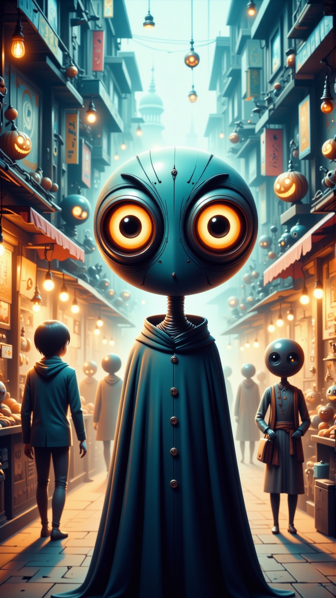 HalloweenGlowStyle orange themed Realistic digital painting of a robot with human emotions,  standing in a crowded market,...
