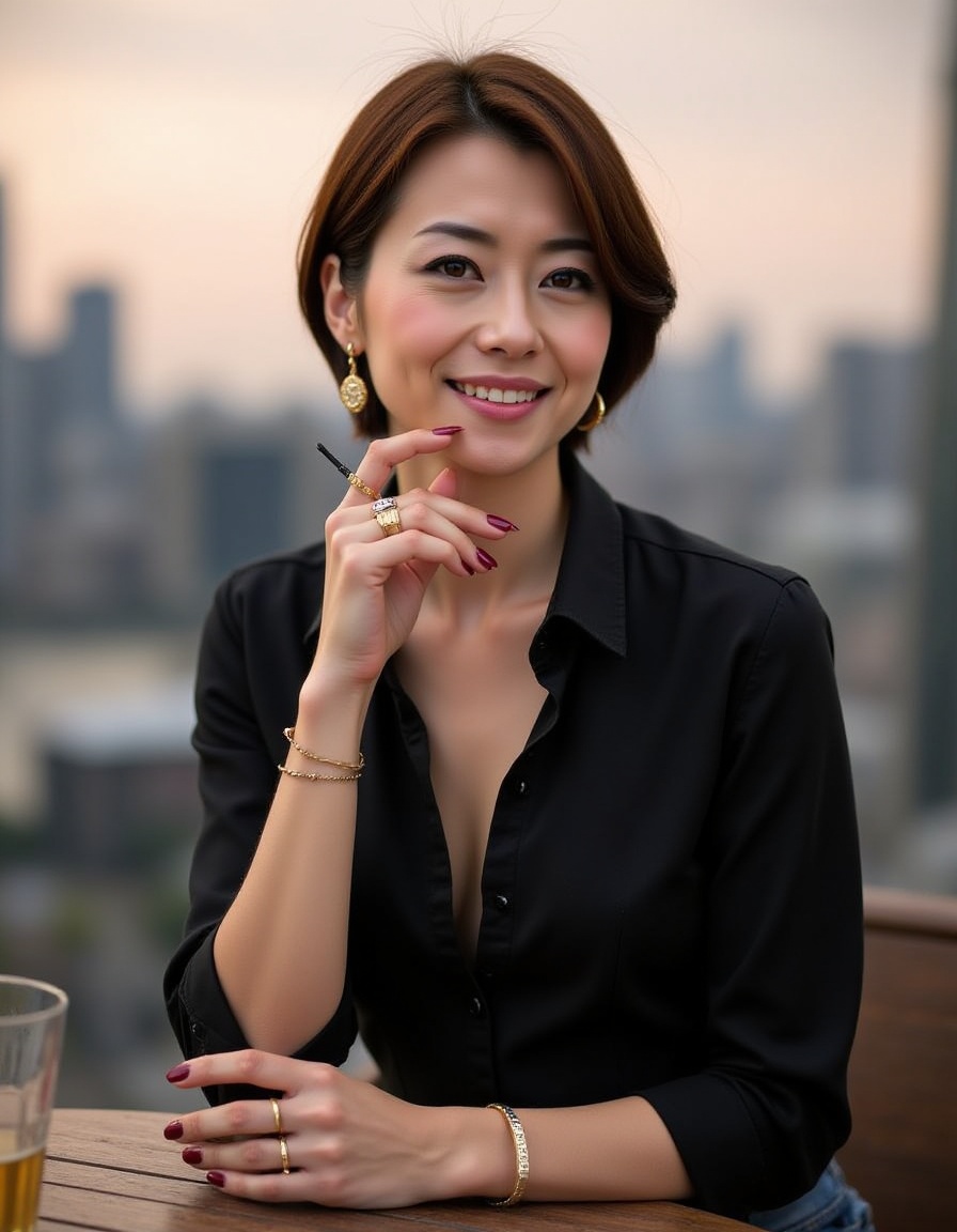 She wears a pretty black shirt and jeans. short hair. Beautiful smile. gold jewelry,  earrings,  watch on Tensor.Art