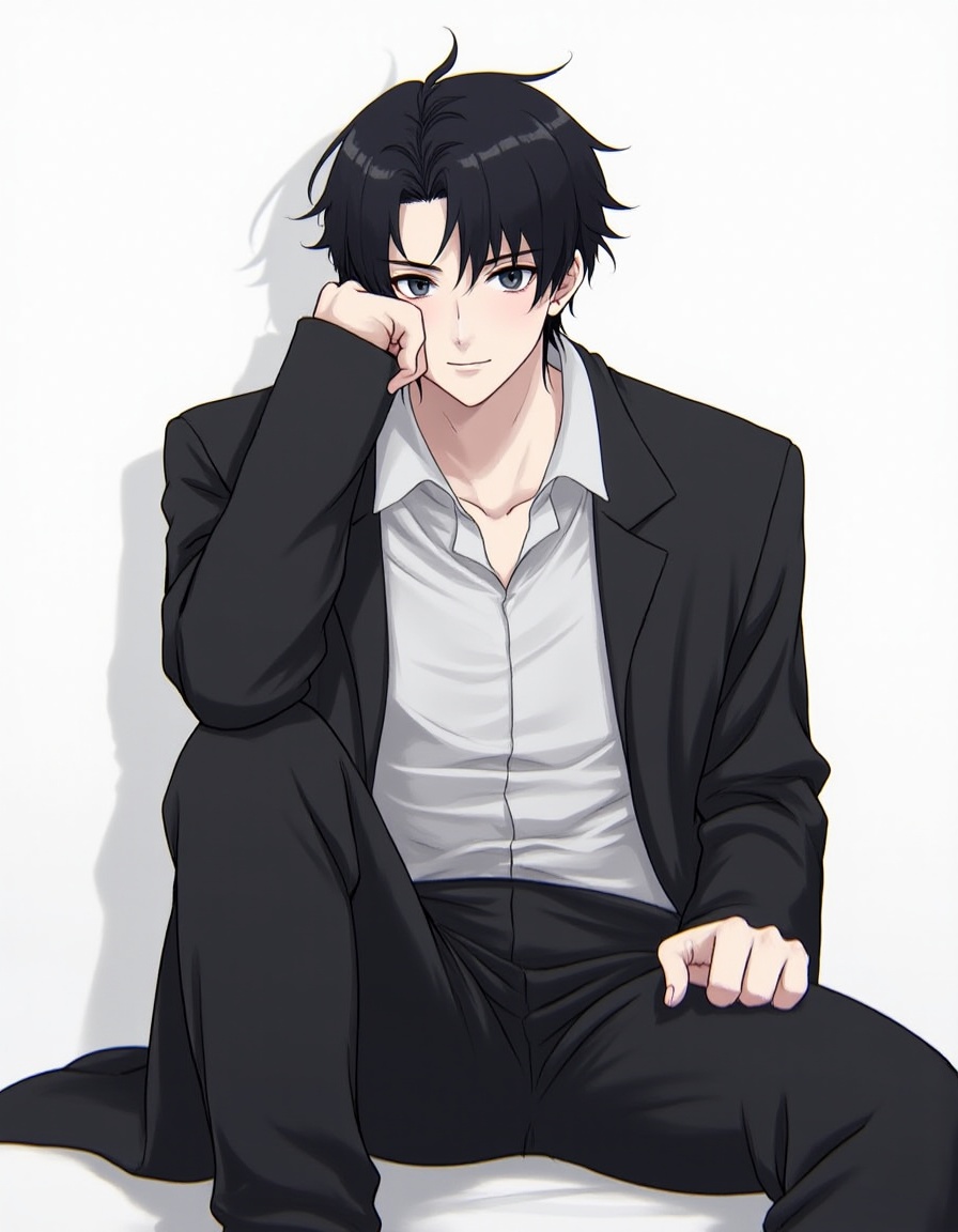 CNPYangYe,1boy,1boy, solo, male focus, black hair, jacket, pants, shirt, white shirt, black pants, black jacket, sitting, realistic, open jacket, looking at viewer, black eyes<lora:FLUX.中国绣像画CNPYangYe:1.1>
