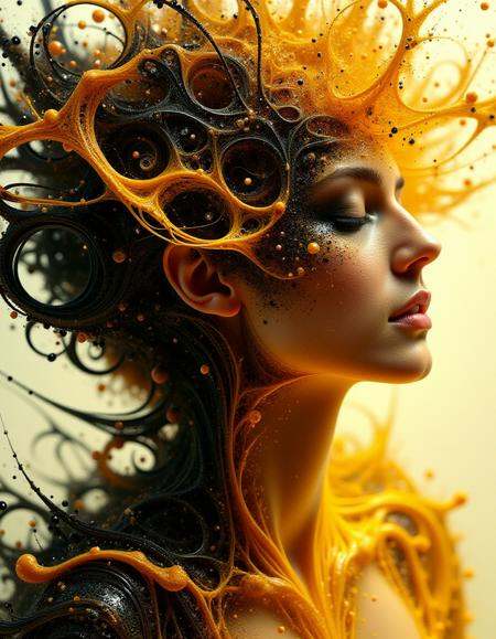 Cinematic, Beauty, Realism, Light and Shadow, Cinematography, Film Stills, 1980s photo of a woman's face splashed ral-frctlgmtry, her head disintegrates into a golden and black fluid and breaks into fragments <lora:ral-frctlgmtry_flux:1>