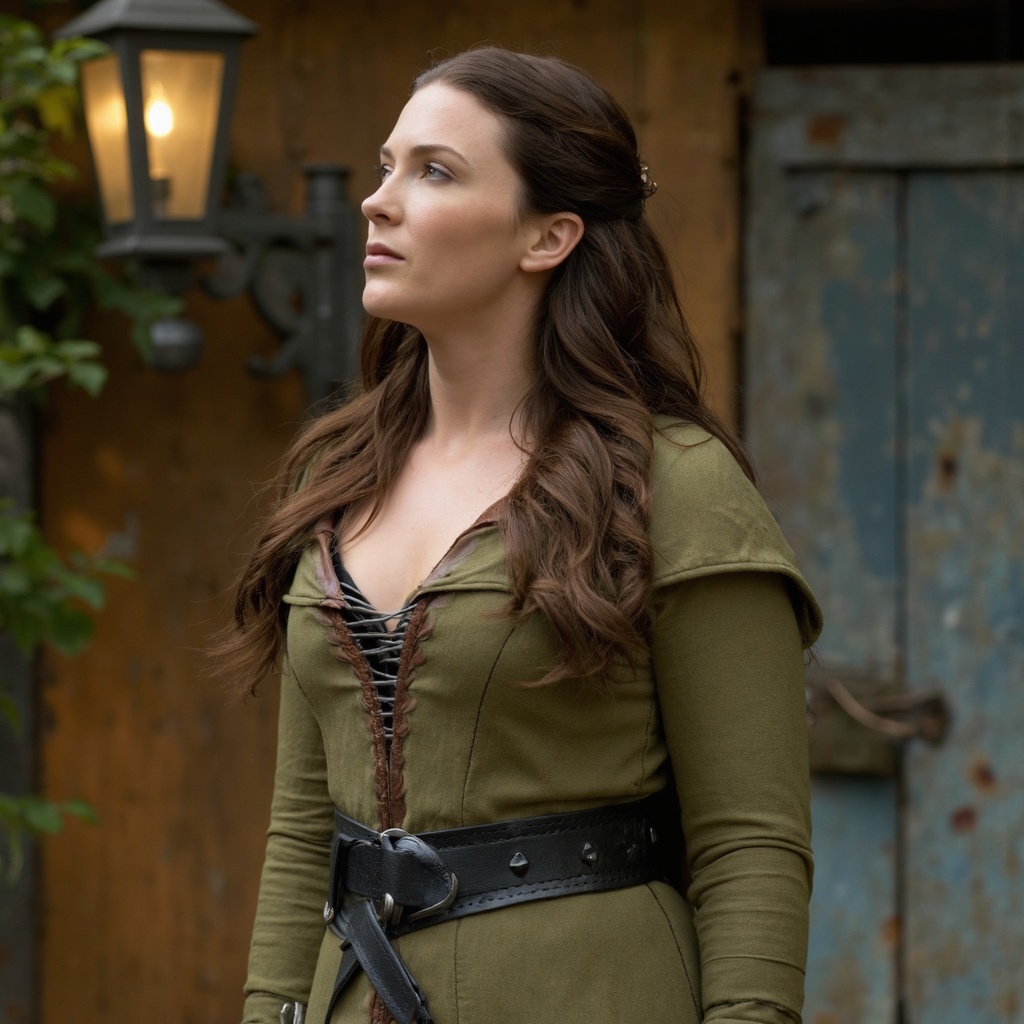 A portrait of bridget_regan in a medieval setting. She wears a green tunic with intricate brown detailing and a black leat...