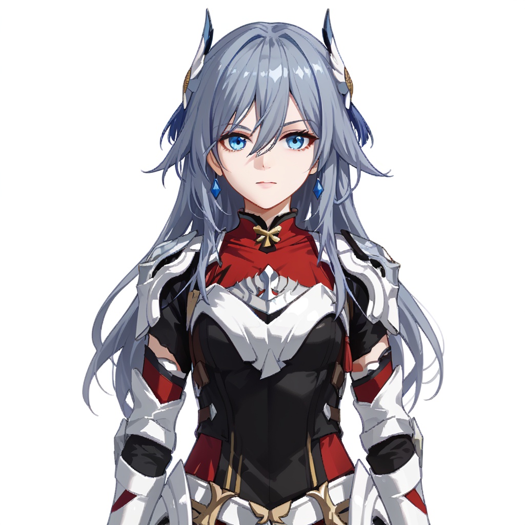(white background:1.2),looking at viewer,(SOLO:1.4),outline,simple background,upper body, cowboy shot,looking at viewer,(((arms at side))),  fu hua armorver, fu hua, long hair, bangs, blue eyes, grey hair, blue hair, hair ornament, hair between eyes<lora:fh-armor-bai-pony:0.8>
