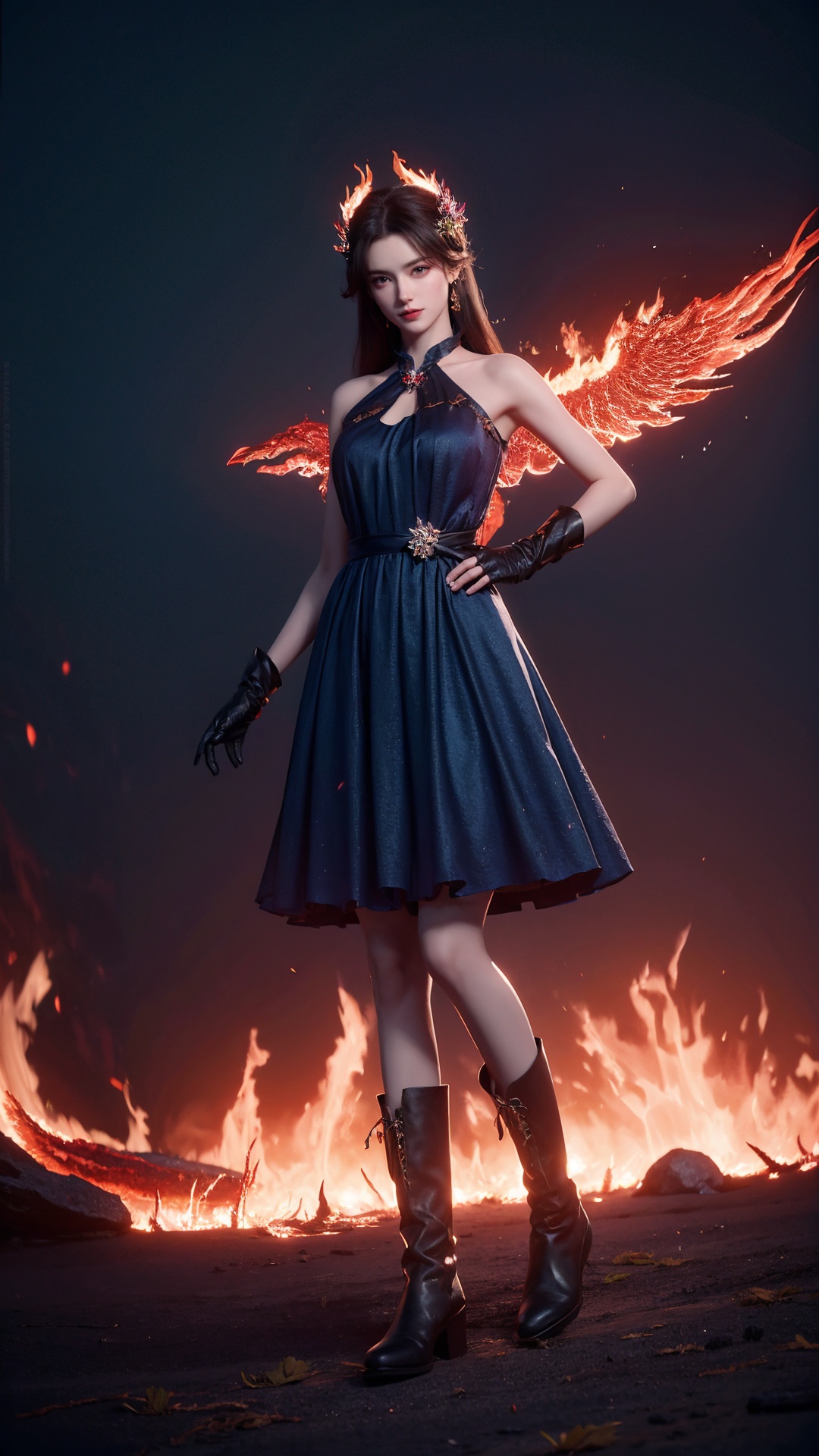 1girl,solo,long hair,black hair,brown eyes,eyelashes,(eyeshadow),makeup,red lips,((hair ornament)),jewelry,blue dress,gloves,boots,looking at viewer,outdoors,flower field,sakura,magic,(((fire))),(glowing phoenix),((glowing)),full body,depth of field,Highly detailed,(ultra-detailed),(best quality:1.5,masterpiece:1.5),<lora:caoying:0.55>,