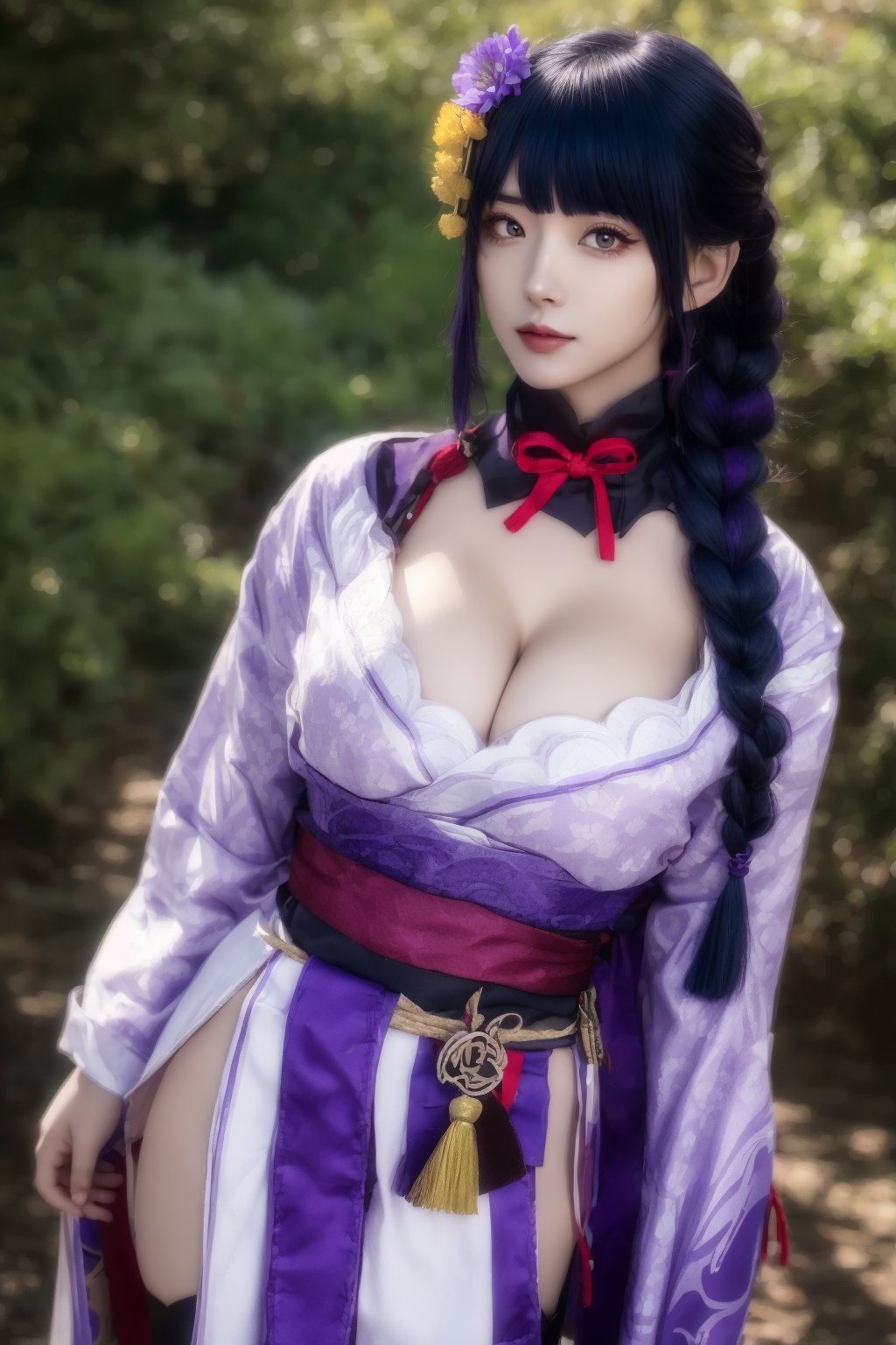 1girl,raiden shogun,japanese clothes,solo,purple hair,weapon,purple eyes,kimono,torii,thighhighs,hair ornament,obijime,flower,obi,sash,obiage,purple flower,bangs,breasts,full body,long hair,tassel,bridal gauntlets,geta,hair flower,looking at viewer,mole under eye,braid,wide sleeves,mole,tomoe (symbol),mitsudomoe (shape),large breasts,cleavage,<lora:MEI_COS:lbw=1,1,1,1,1,0.4,0,0,1,1,1.3,1,1,0,0,0,0>,<lora:killer手部优化000010:0.8>,bishoujo,teenager,white_skin,fair_skin,curvy,glamor,oval face,inverted triangle face,wallpaper,realistic,cowboy_shot,looking_at_viewer,tall,medium breasts,
