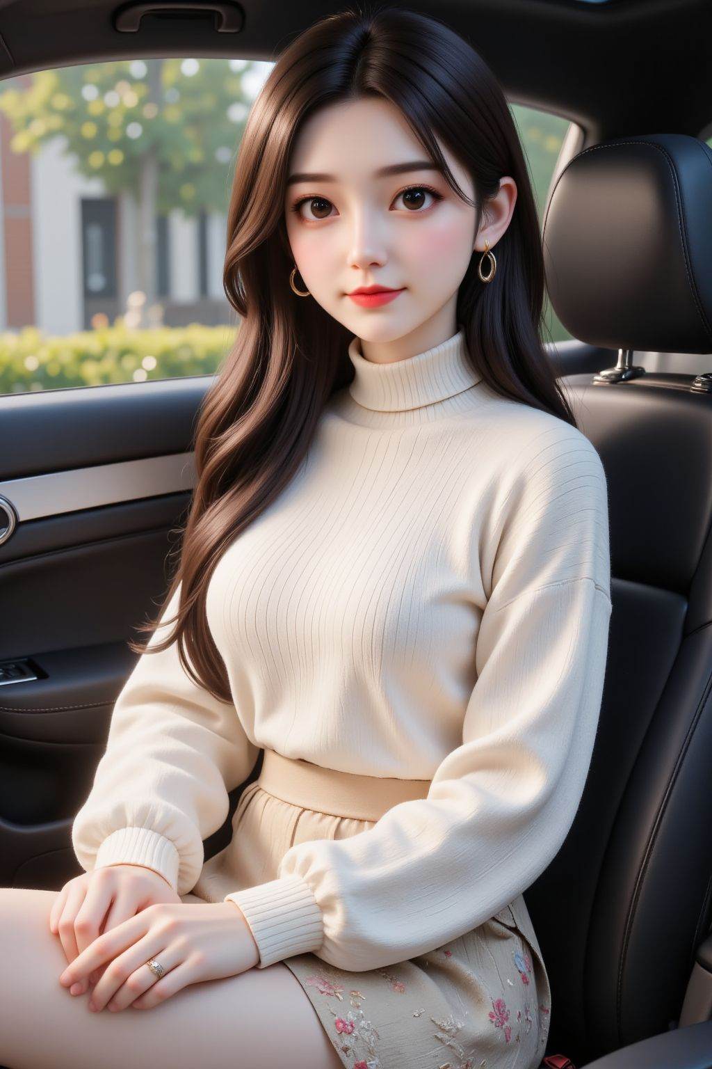 The image is a high-resolution photograph of a young Asian woman sitting in the back seat of a car. She has long,  straigh...