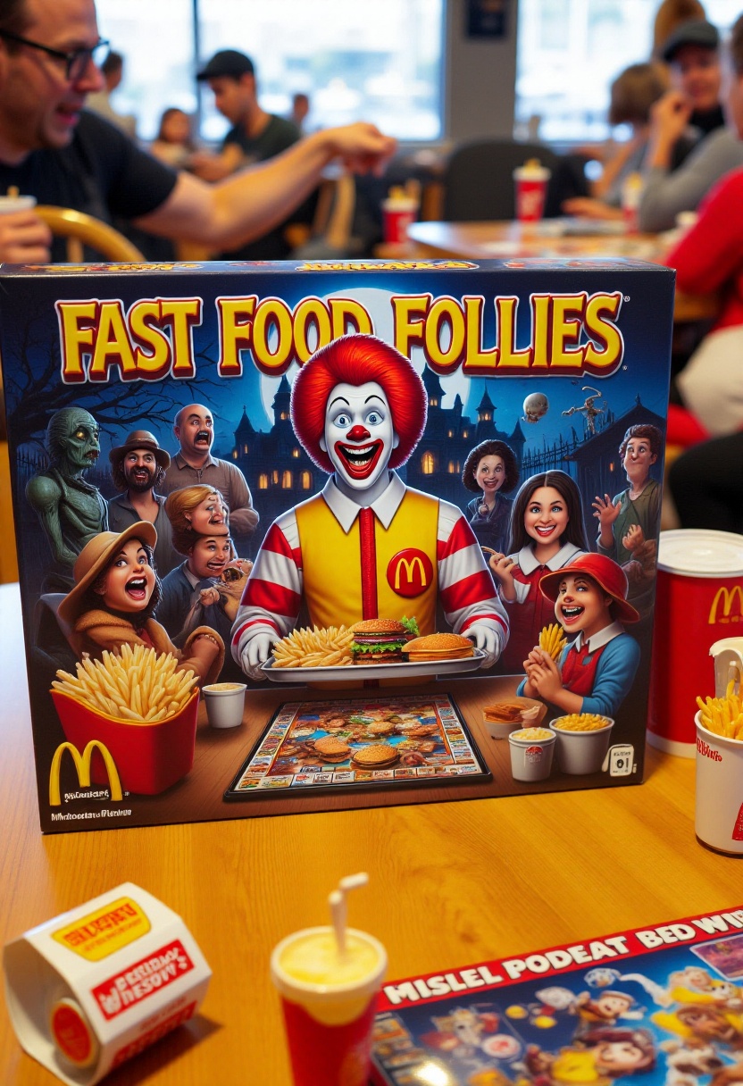The image is a photograph of the box for the board game "Fast Food Follies" featuring a vibrant,  colorful design. The box...