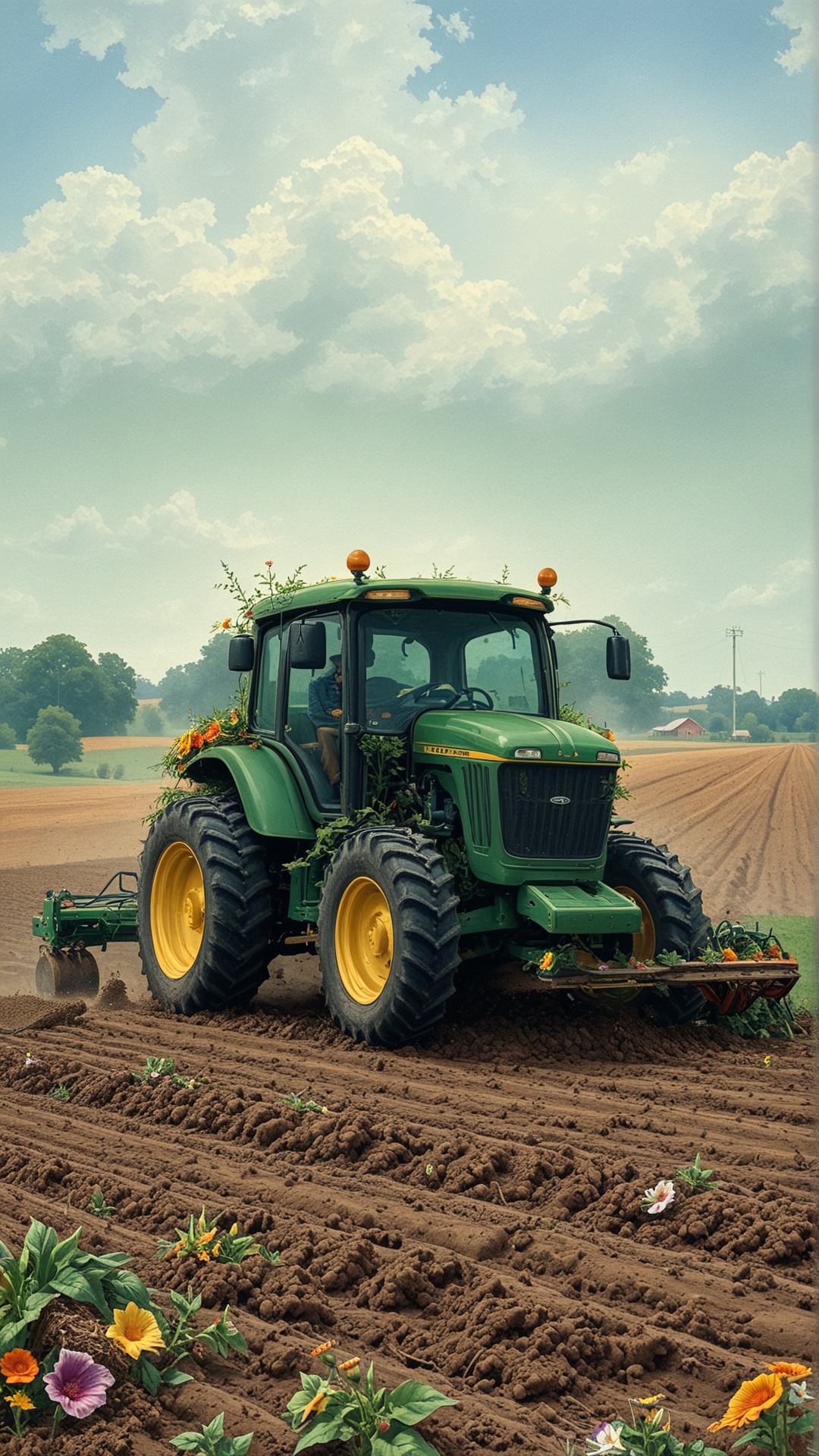 Fl0w3rGr0wnStyle a green tractor plowing a field on a farm on Tensor.Art