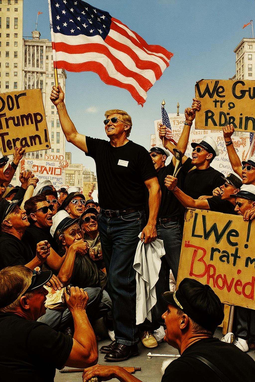 normanrockwell1 painting. Donald Trump leading a group of people.A large,  energetic crowd of men gathers in a bustling ci...