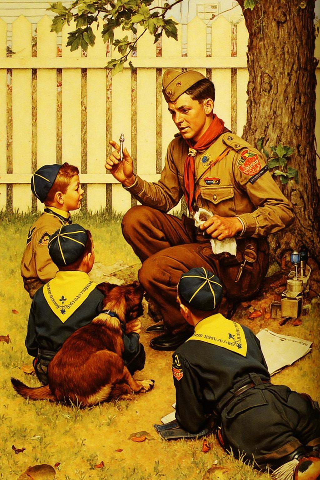 normanrockwell1 painting. Three Boy Scouts are in a suburban backyard. In the center is the Scout leader sits on the groun...