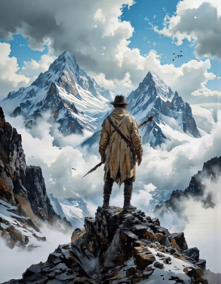 A dark fantasy theme. A digital illustration shoot from the side about a lone figure stands on a rocky mountain peak,  hol...