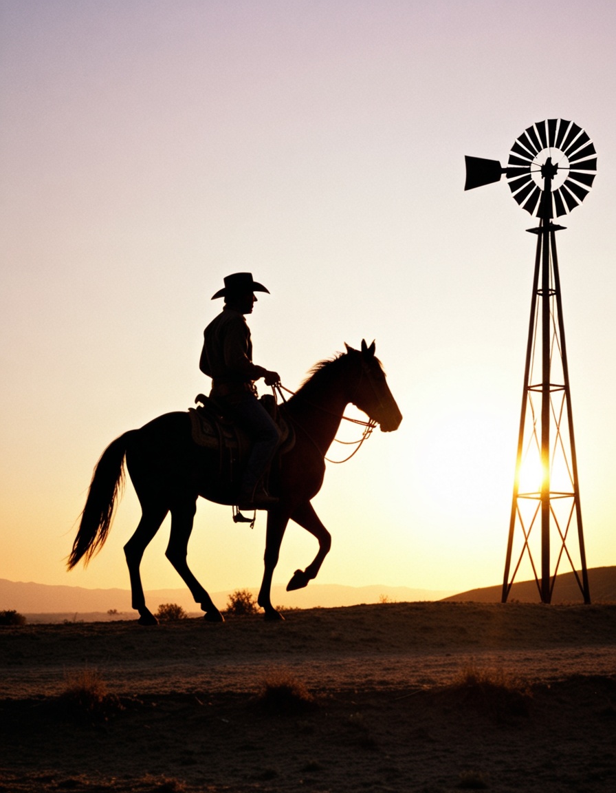 A cowboy rides past a windmill silhouetted against a setting sun,  AwardWinningPhotography on Tensor.Art