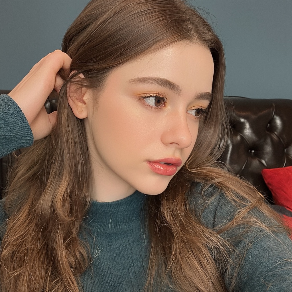 A close-up portrait of dasha_taran with long,  wavy brown hair. She wears a teal turtleneck sweater and has a contemplativ...
