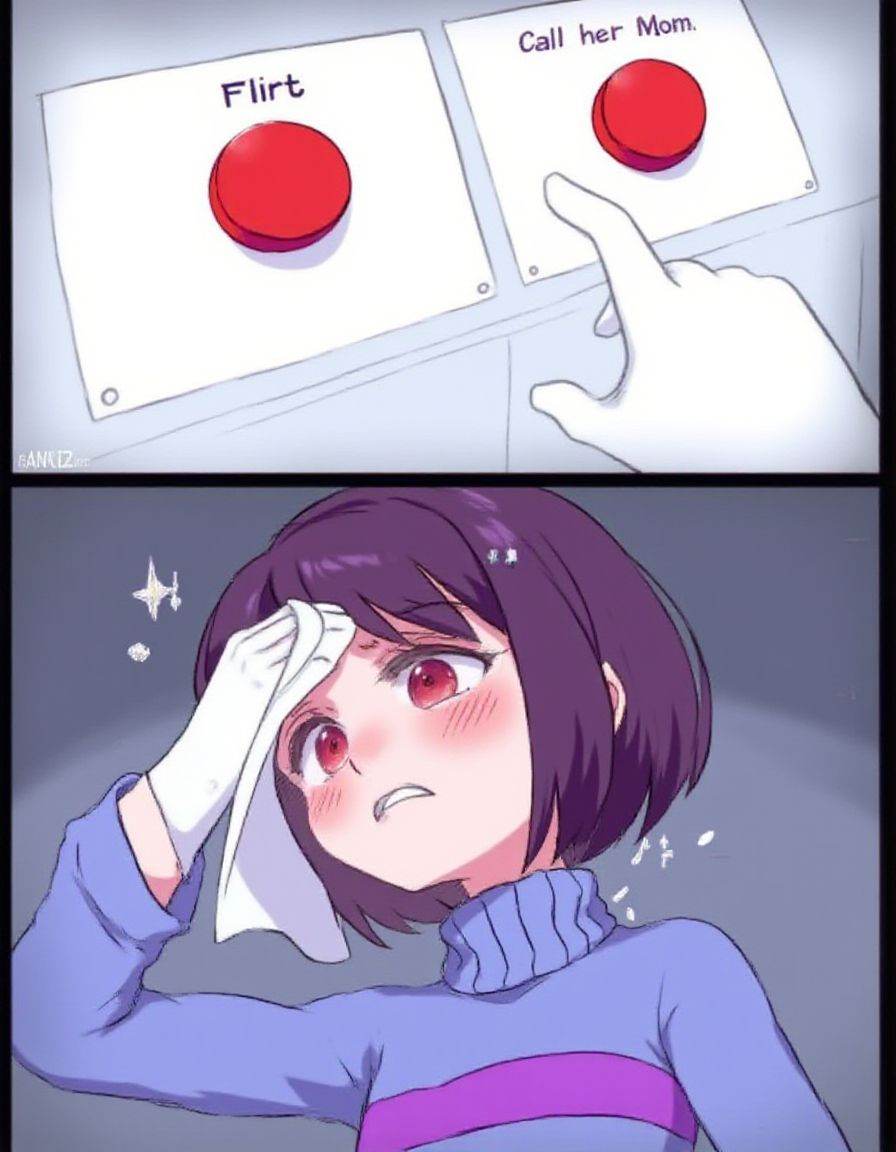 In twobuttonsmeme style.Top panel: Two buttons,  label above the red button,  label above the red button.Bottom panel: fri...