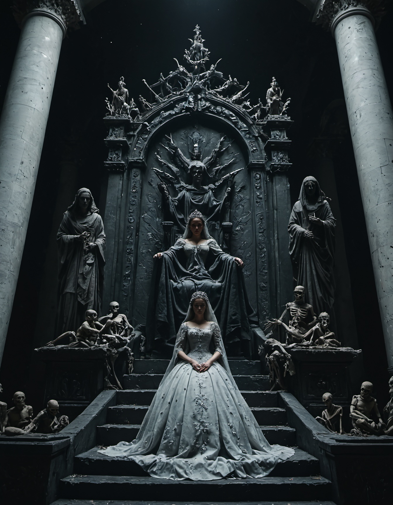 A digital painting of a young woman seated on a grand,  gothic throne,  surrounded by statues of angels and skeletal figur...
