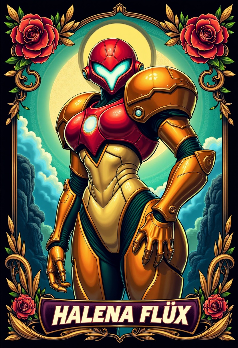 CCXL-Mucha art style,  featuring Samus in full armor,  with a Metroid theme. The armor is detailed and dynamic on Tensor.Art