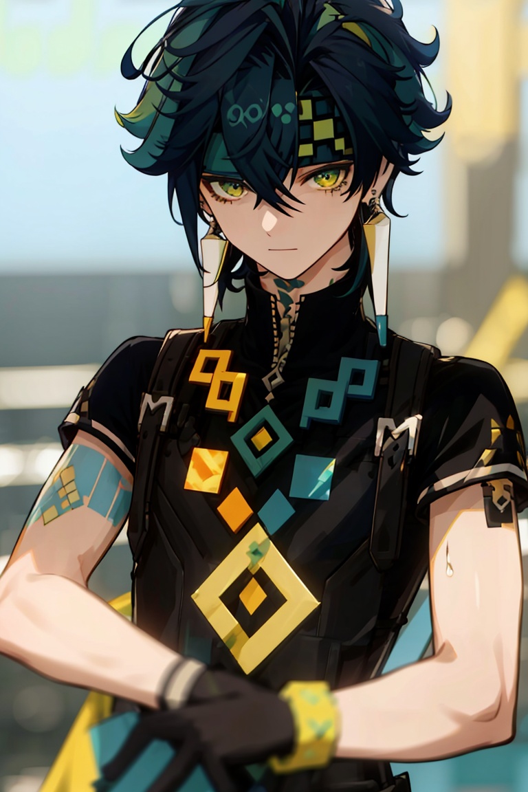<lora:output_kinich:1>,1boy,male focus,jewelry,solo,earrings,looking at viewer,short sleeves,bangs,headband,shirt,black shirt,blurry,black hair,blurry background,hair between eyes,tassel,yellow eyes,tattoo,closed mouth,upper body,tassel earrings,multicolored hair,single earring,green hair,green eyes,