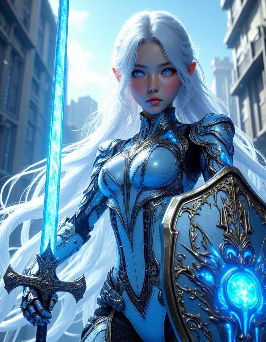 divine korean girl,  very long white hair,  looking down from a rooftop on Tensor.Art