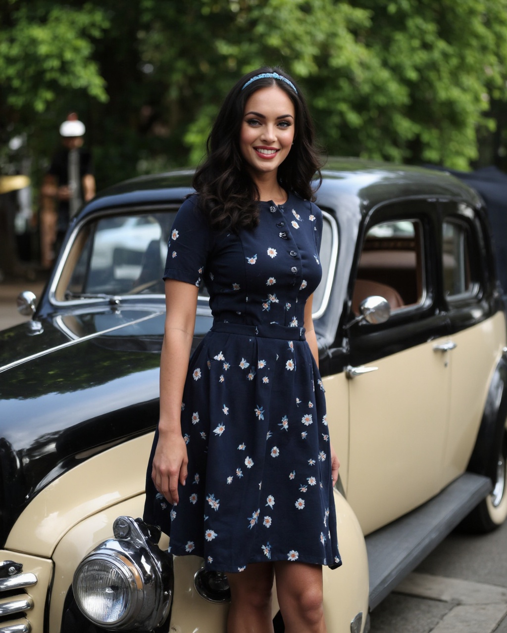 megan_fox standing next to a vintage beige car,  likely from the 1940s,  with a black on Tensor.Art