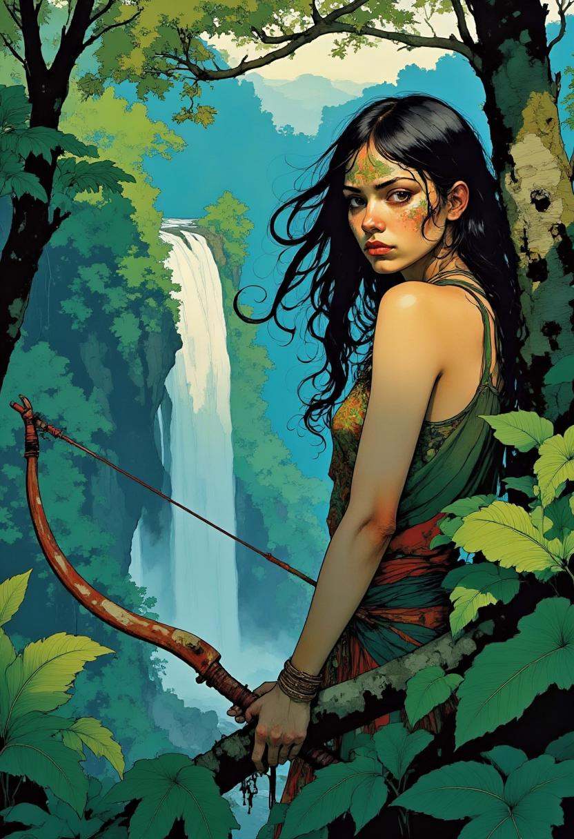 A digital illustration fetauring a close up portrait of an amazonian Indian woman,  with her bow hunting near waterfall hi...