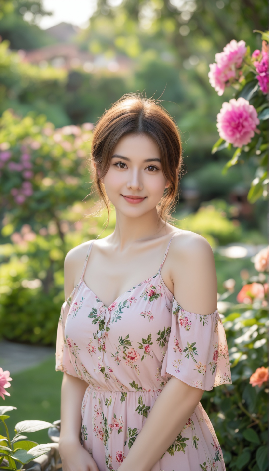 A high quality photo of a young woman with fair skin and long brown hair styled in a loose updo with some strands framing...